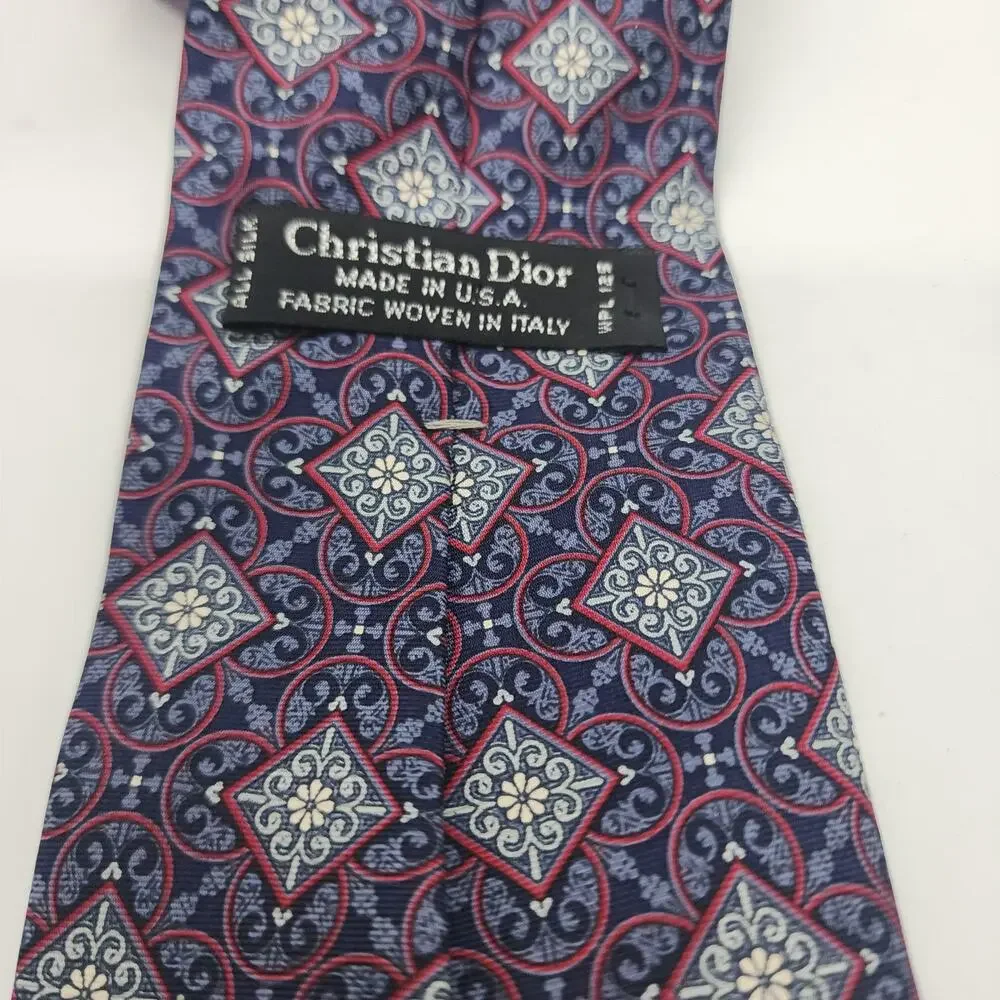 Christian Dior Tie Mens Blue Silk Geometric Medallion Pattern Classic Necktie